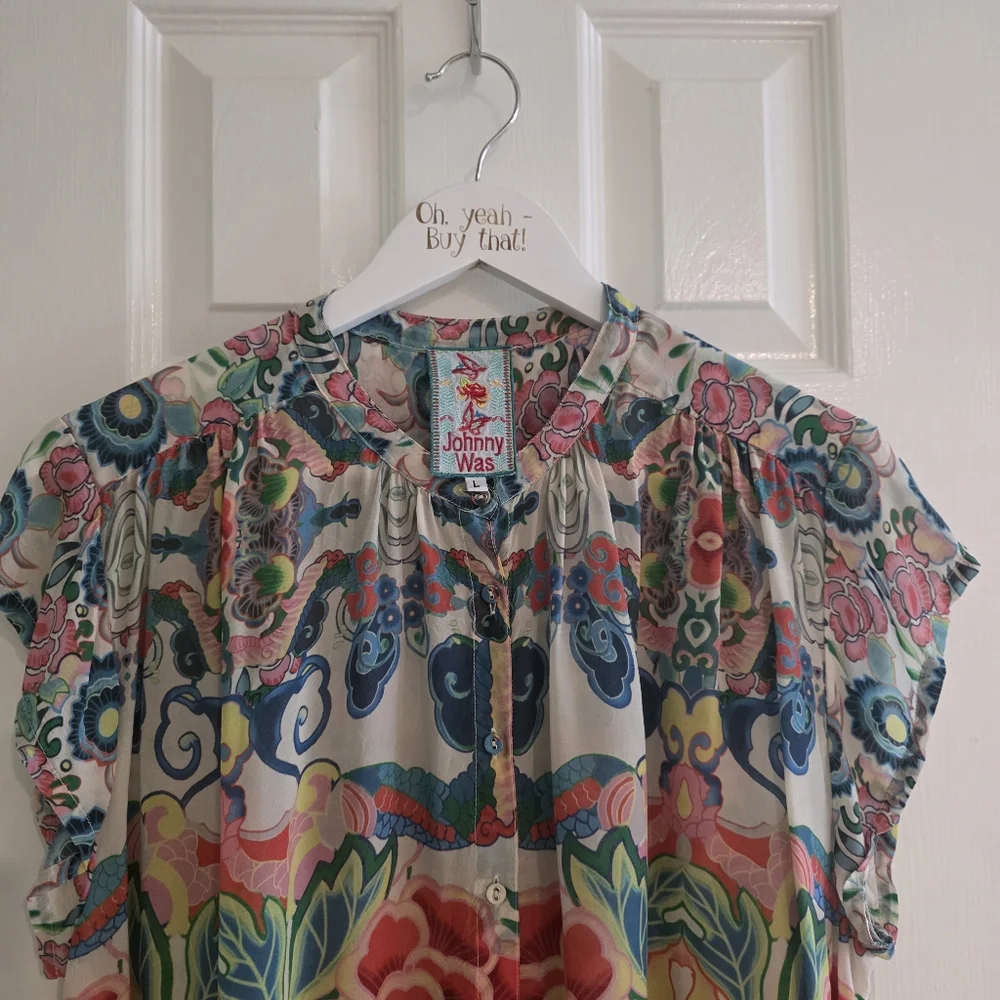 SUPER CLEAN Johnny Was Short Sleeve Button Front Printed Blouse Size Large - Picture 4 of 7